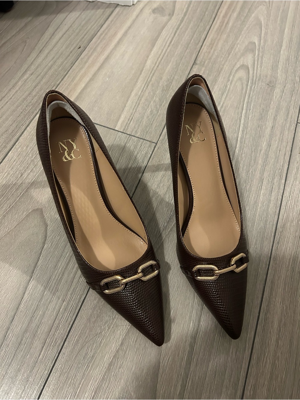 New York & Company Dark Brown Pointed Toe Pumps with Gold Chain